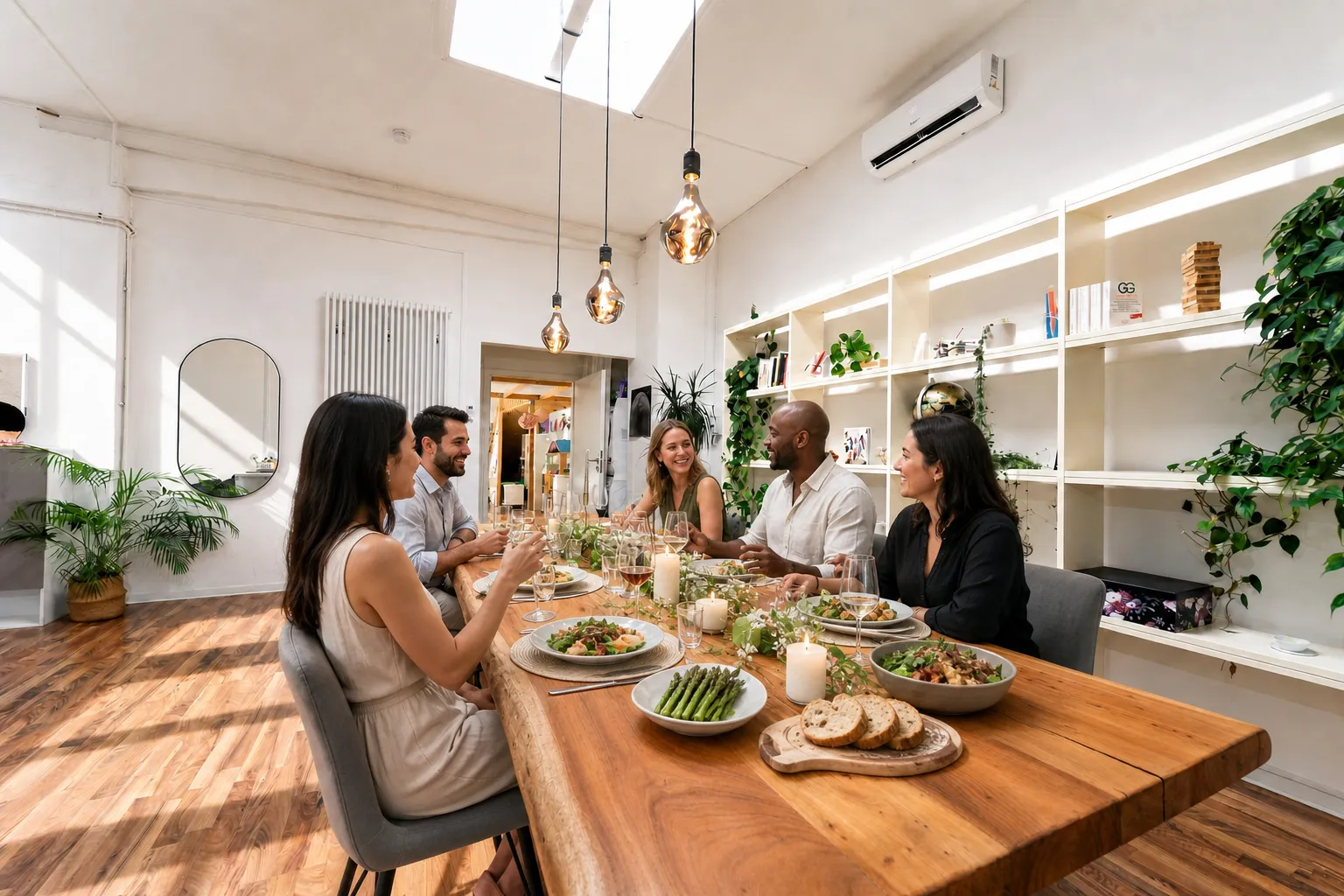 G&auml;ste sitzen an einem langen, gedeckten Tisch im Urban Family Loft